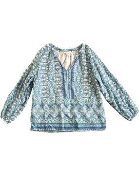 Jude Connally Women's Sz Medium Blue Green Patterned V-Neck Long Sleeve Blouse